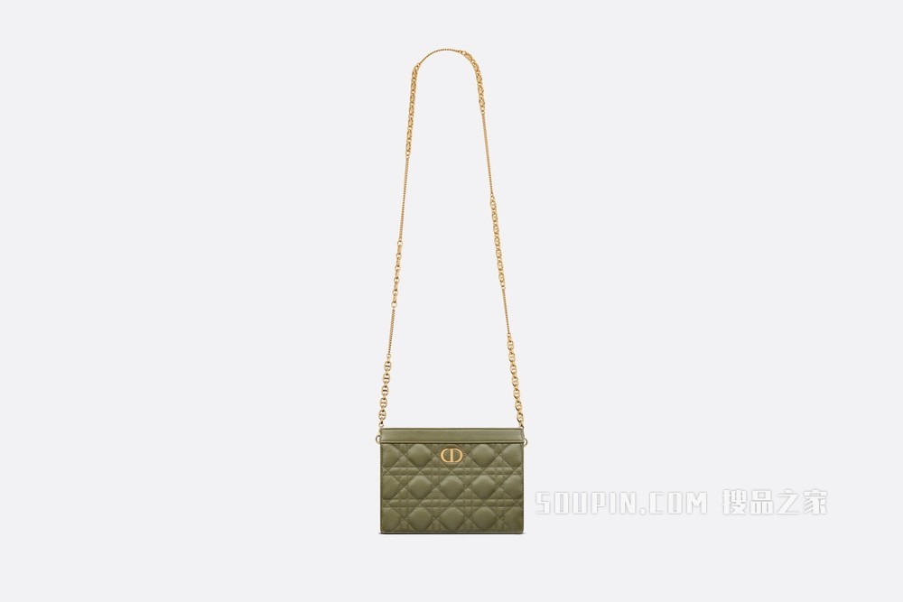 Dior Caro 拉链手拿包 松柏绿色柔软牛皮革藤格纹搭配链条