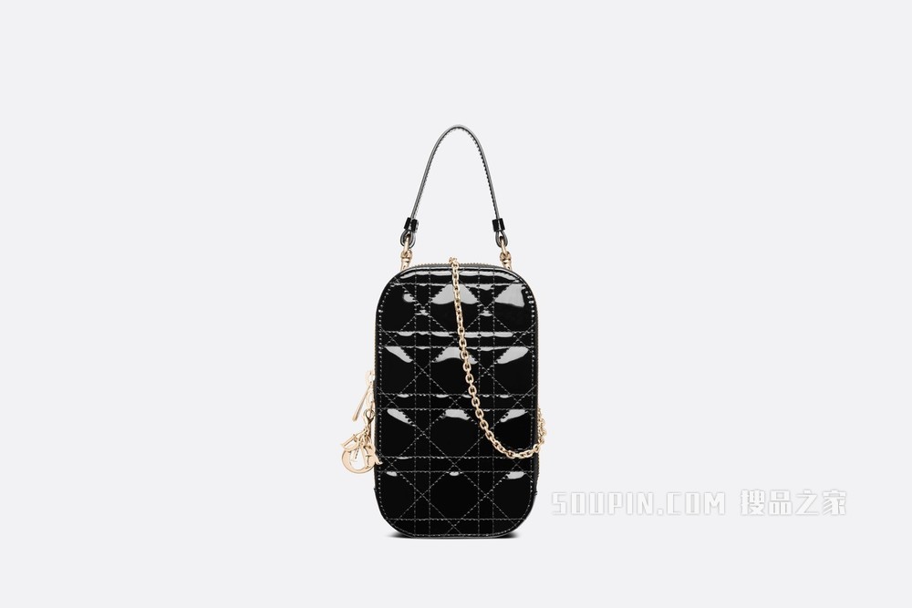 Lady Dior 手机袋 黑色漆皮牛皮革藤格纹