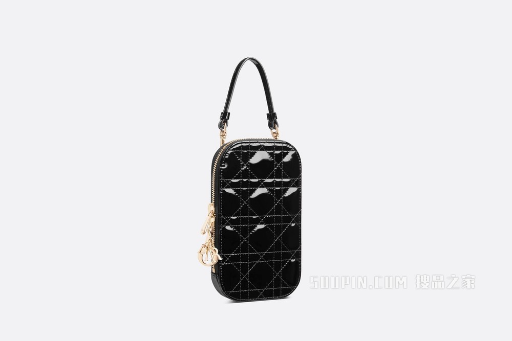 Lady Dior 手机袋 黑色漆皮牛皮革藤格纹