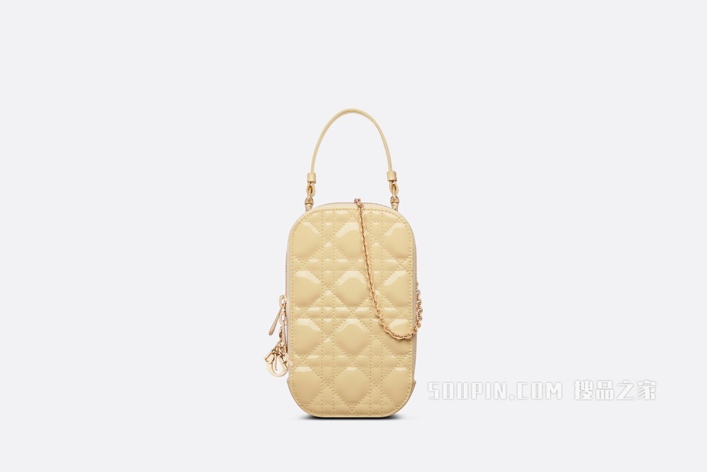 Lady Dior 手机袋 浅黄色漆皮牛皮革藤格纹