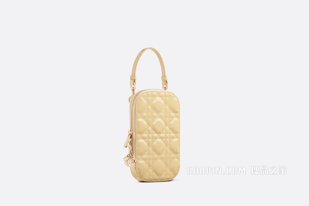 Lady Dior 手机袋 浅黄色漆皮牛皮革藤格纹