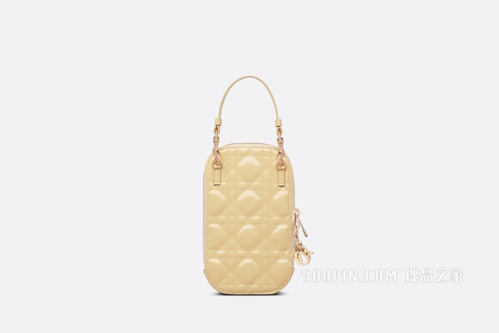 Lady Dior 手机袋 浅黄色漆皮牛皮革藤格纹