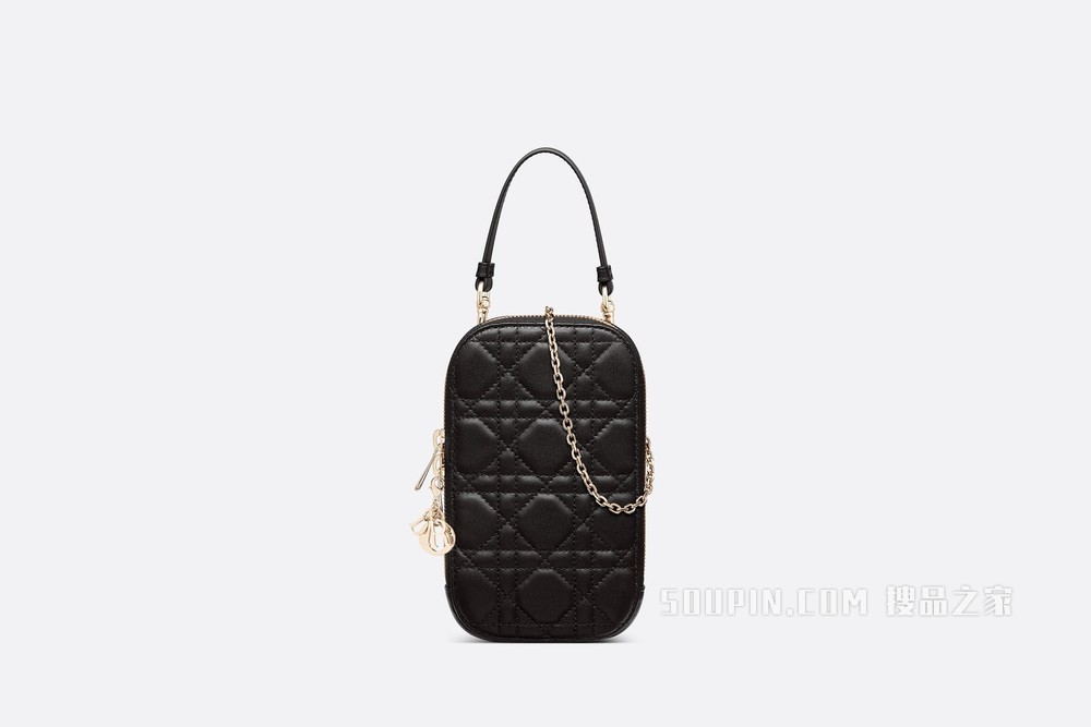 Lady Dior 手机袋 黑色羊皮革藤格纹