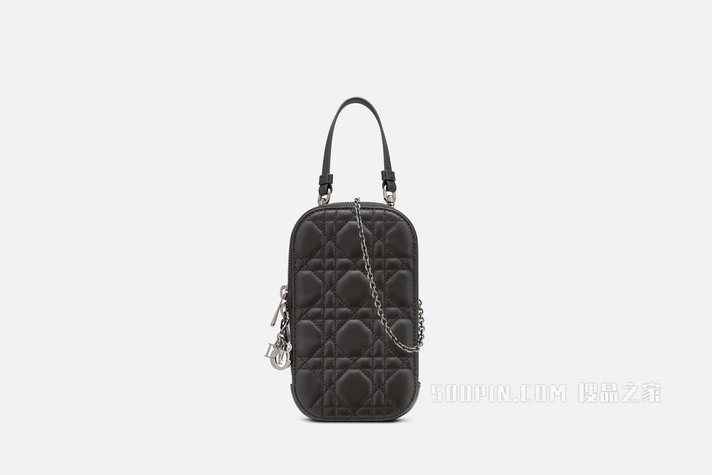 Lady Dior 手机袋 黑色羊皮革藤格纹
