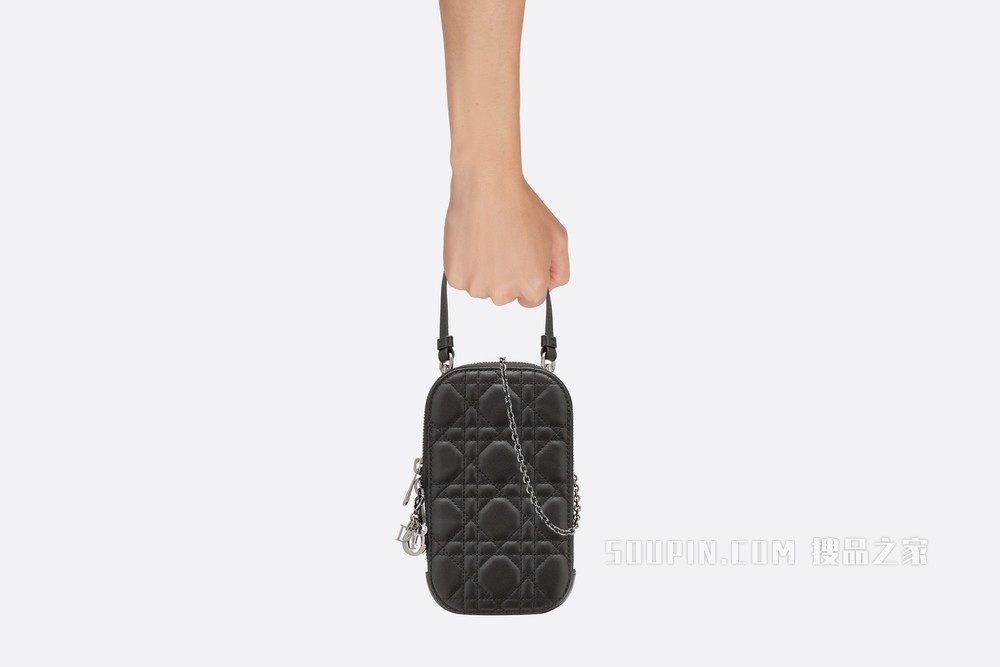Lady Dior 手机袋 黑色羊皮革藤格纹