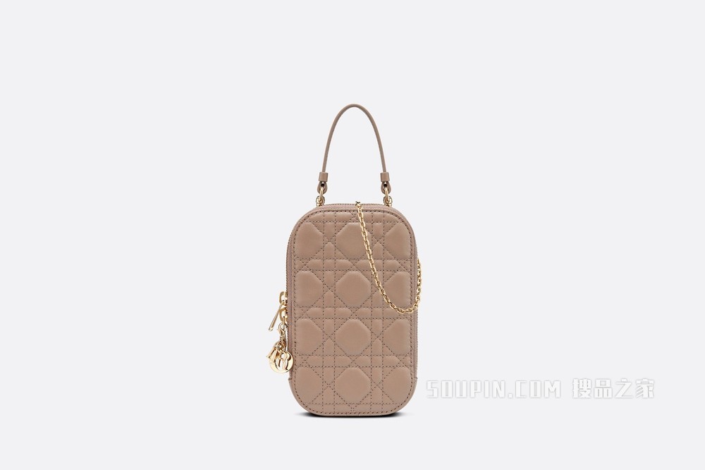 Lady Dior 手机袋 暖灰褐色羊皮革藤格纹