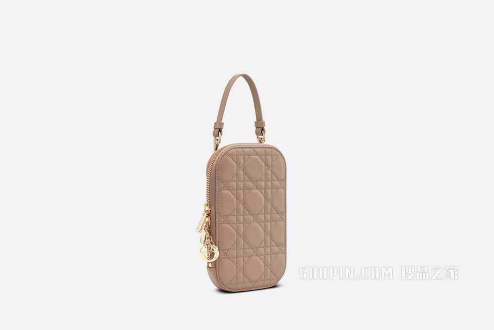 Lady Dior 手机袋 暖灰褐色羊皮革藤格纹
