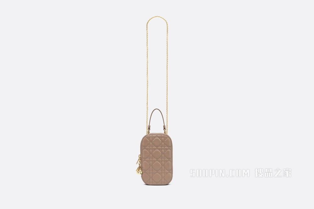 Lady Dior 手机袋 暖灰褐色羊皮革藤格纹