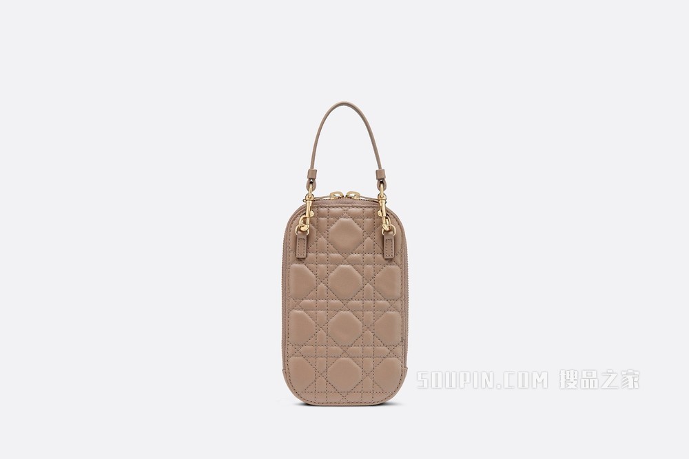 Lady Dior 手机袋 暖灰褐色羊皮革藤格纹