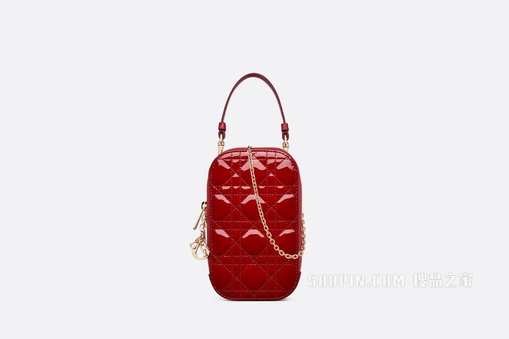 Lady Dior 手机袋 樱桃红漆皮牛皮革藤格纹