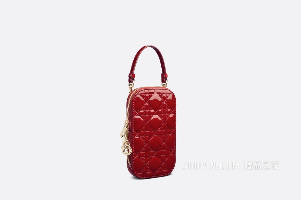 Lady Dior 手机袋 樱桃红漆皮牛皮革藤格纹