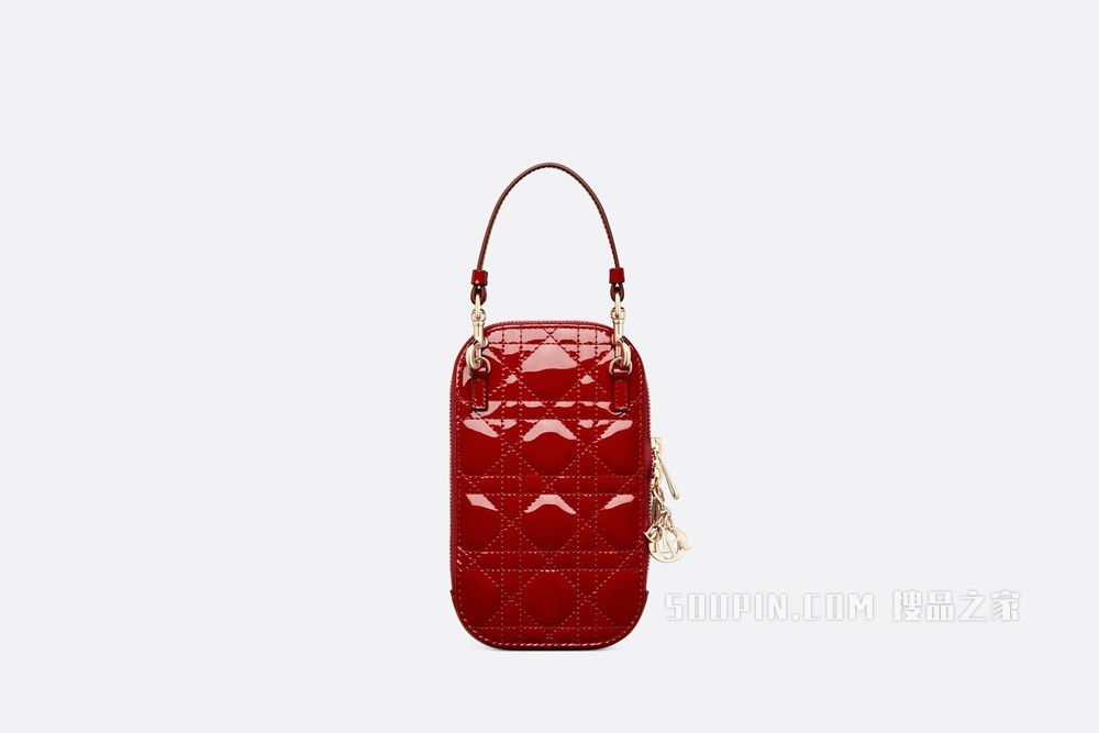 Lady Dior 手机袋 樱桃红漆皮牛皮革藤格纹
