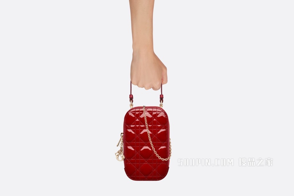 Lady Dior 手机袋 樱桃红漆皮牛皮革藤格纹