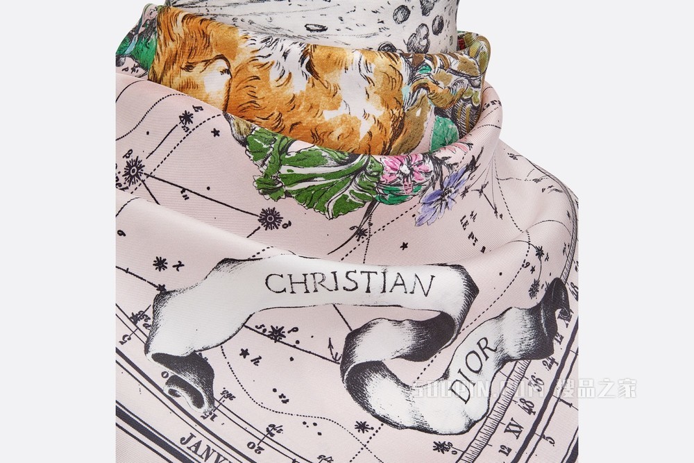 Dior 印花方巾 玫瑰粉色桑蚕丝斜纹面料 Dior Zodiac 图案