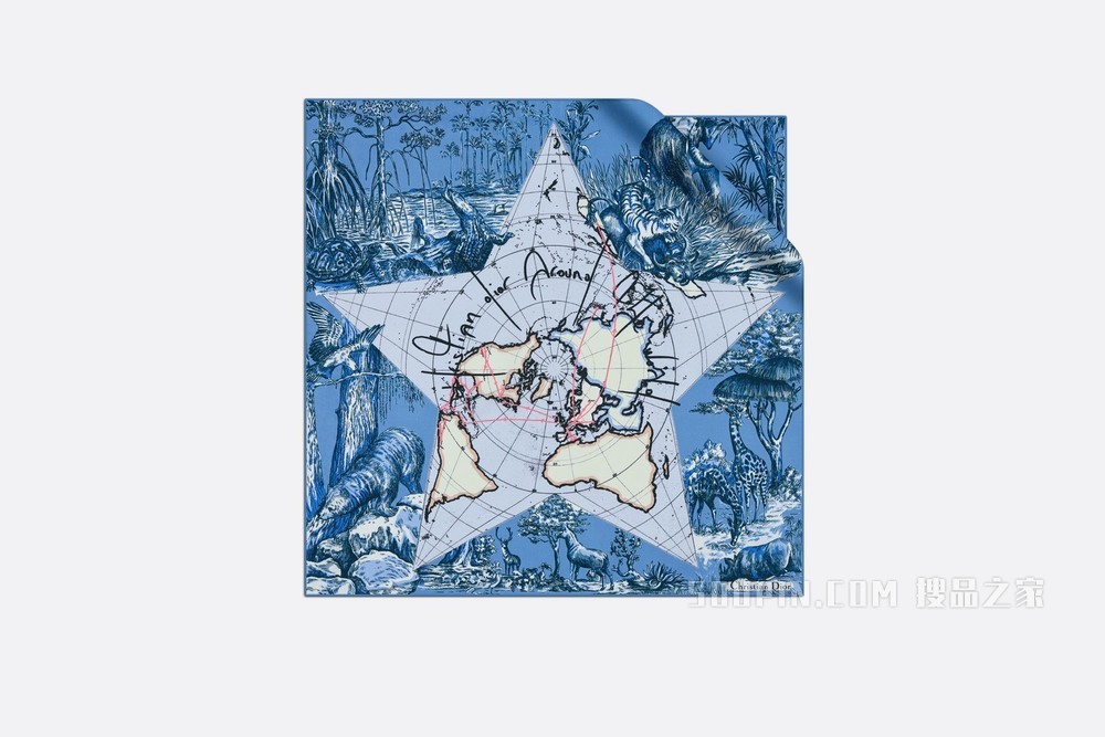 Dior 印花方巾 矢车菊蓝色桑蚕丝斜纹面料 Dior Around the World 图案