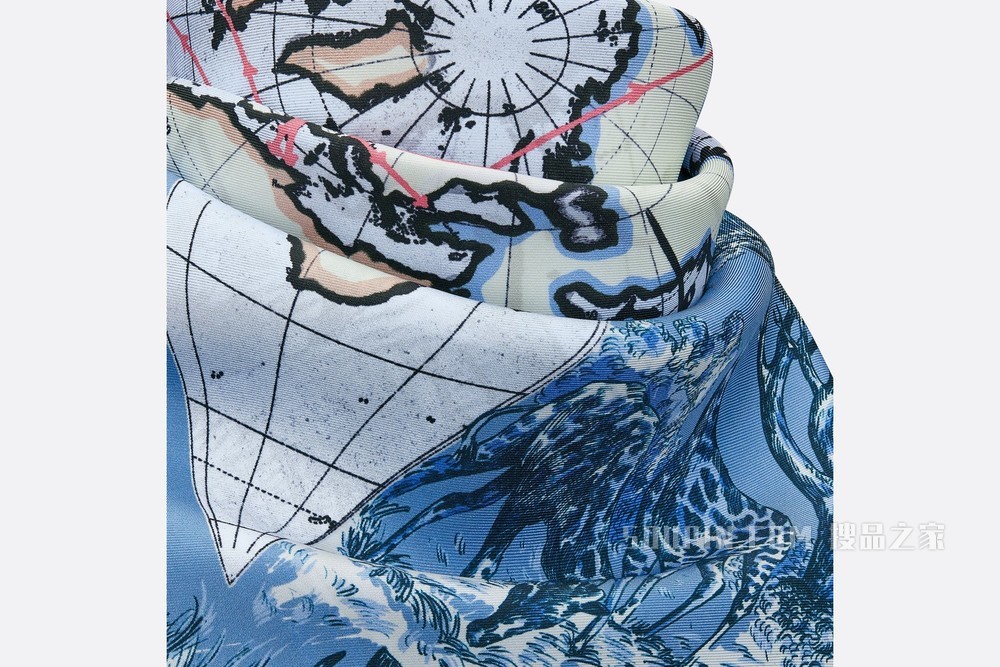 Dior 印花方巾 矢车菊蓝色桑蚕丝斜纹面料 Dior Around the World 图案
