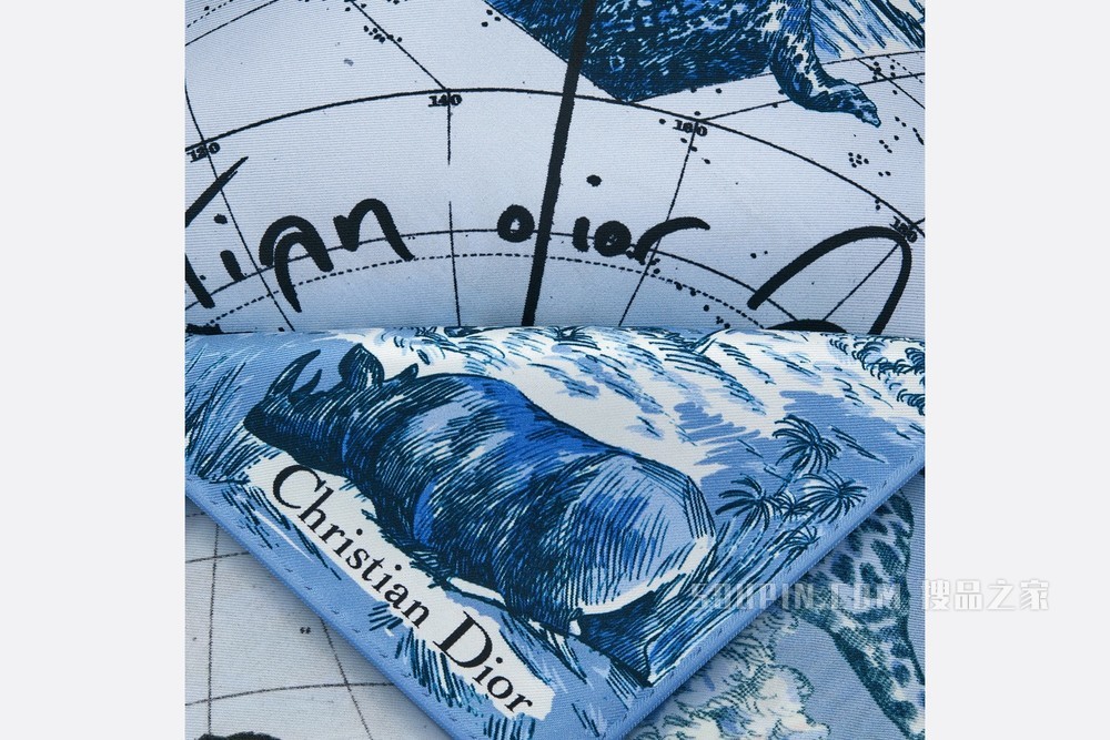 Dior 印花方巾 矢车菊蓝色桑蚕丝斜纹面料 Dior Around the World 图案