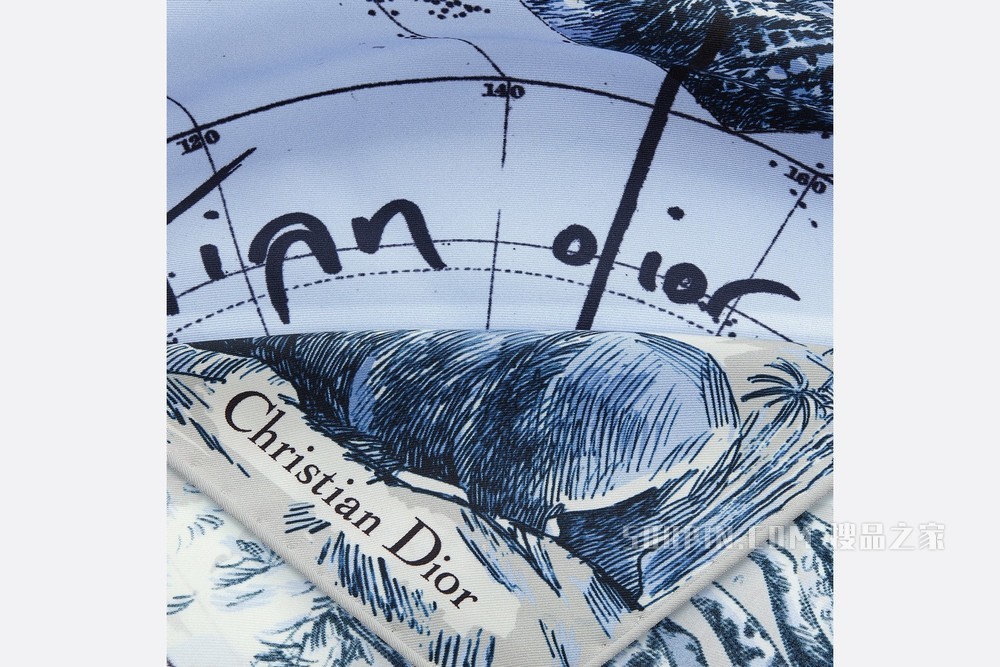 Dior 印花方巾 灰色和蓝色桑蚕丝斜纹面料 Dior Around the World 图案