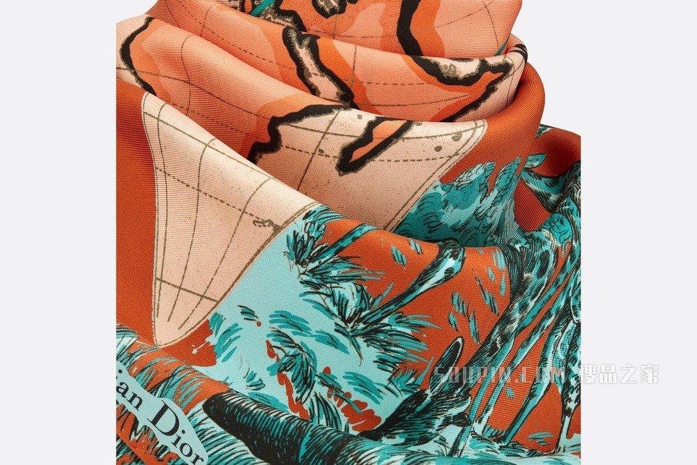 Dior 印花方巾 深桔黄桑蚕丝斜纹面料 Dior Around the World 印花