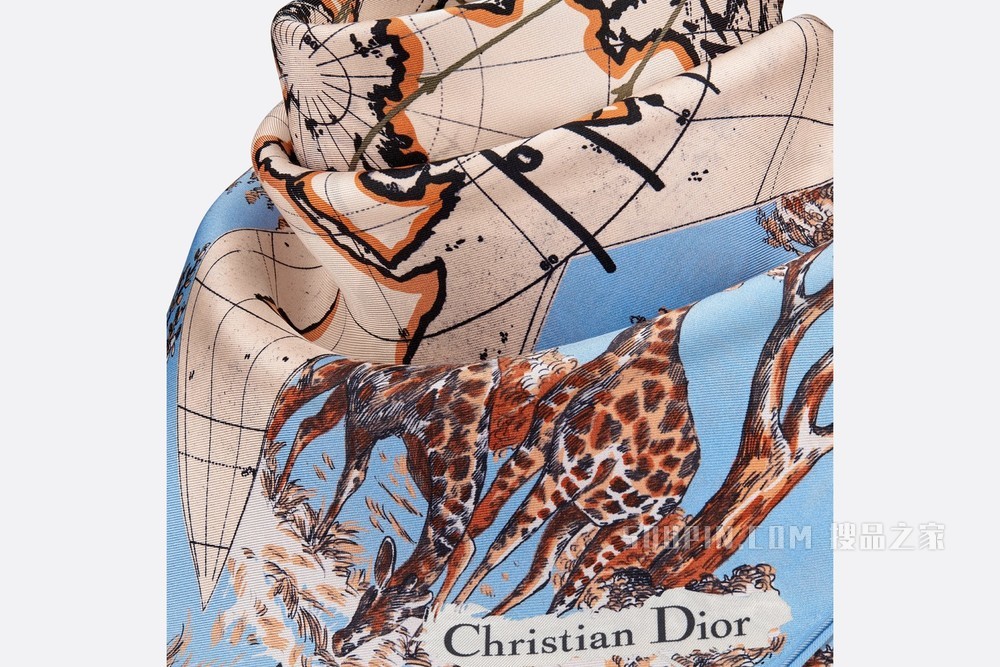 Dior 印花方巾 淡蓝色桑蚕丝斜纹面料 Dior Around the World 印花