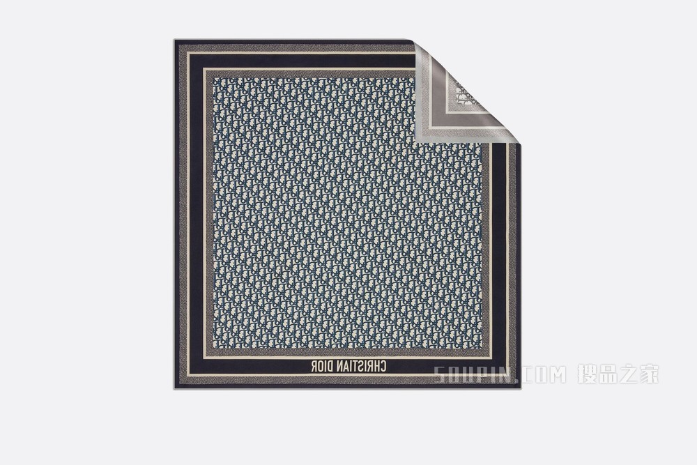 Diortwin 方巾 灰色和海军蓝色桑蚕丝斜纹面料 Oblique 印花