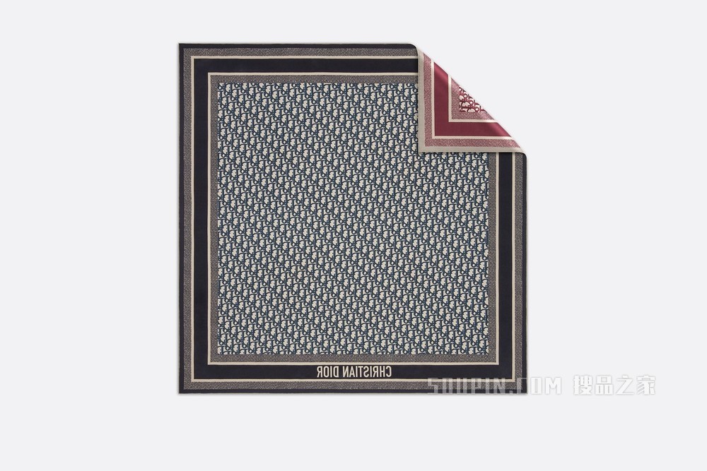 Diortwin 方巾 酒红色和海军蓝色桑蚕丝斜纹 Oblique 印花