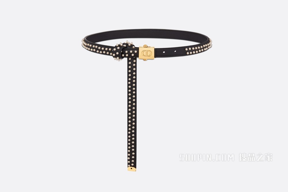 Diorpolytechnique 腰带 17 毫米黑色光滑牛皮革和白色玻璃珠饰