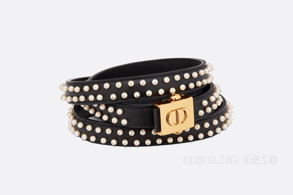 Diorpolytechnique 腰带 17 毫米黑色光滑牛皮革和白色玻璃珠饰