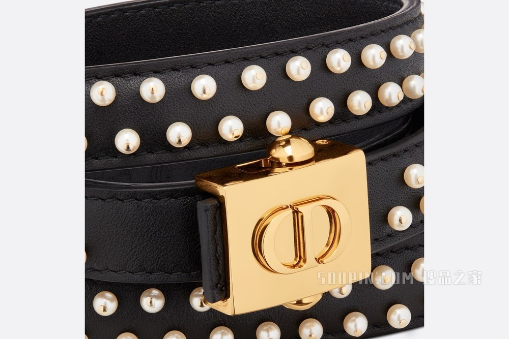 Diorpolytechnique 腰带 17 毫米黑色光滑牛皮革和白色玻璃珠饰