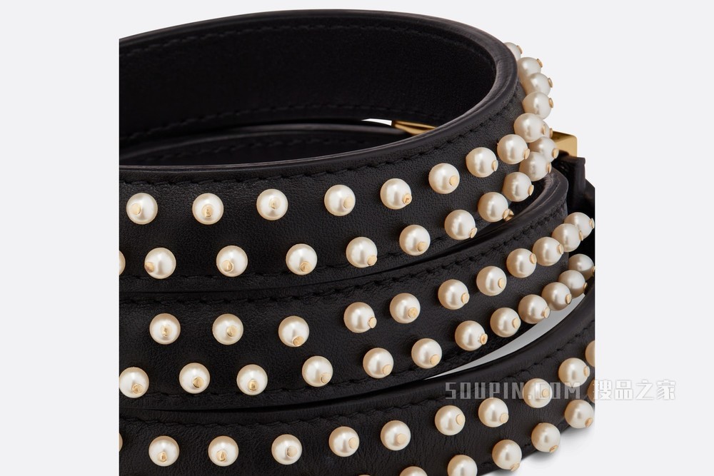 Diorpolytechnique 腰带 17 毫米黑色光滑牛皮革和白色玻璃珠饰