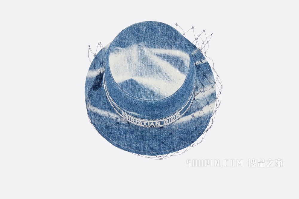 Dior Denim Wash 窄檐桶帽 蓝色棉质牛仔布搭配面纱