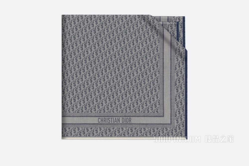 Dior 印花披肩 丹宁蓝色羊毛、桑蚕丝和羊绒混纺面料 Oblique 印花