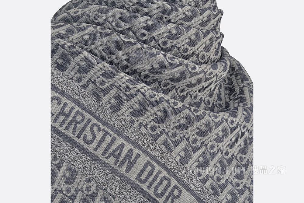 Dior 印花披肩 丹宁蓝色羊毛、桑蚕丝和羊绒混纺面料 Oblique 印花