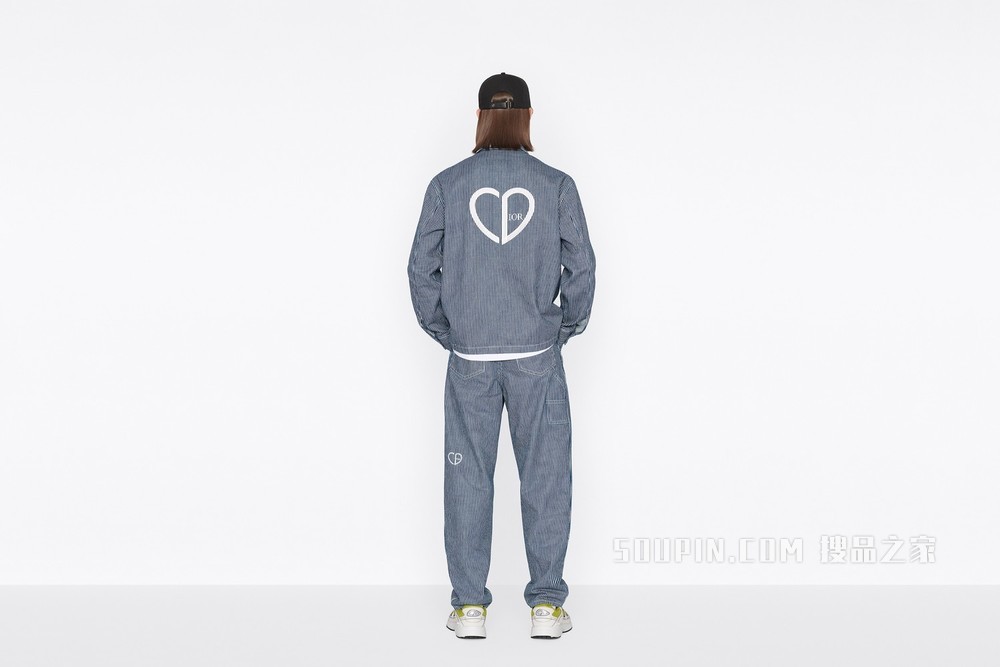 工装牛仔裤 蓝色棉质牛仔布条纹图案和“CD Heart”标志