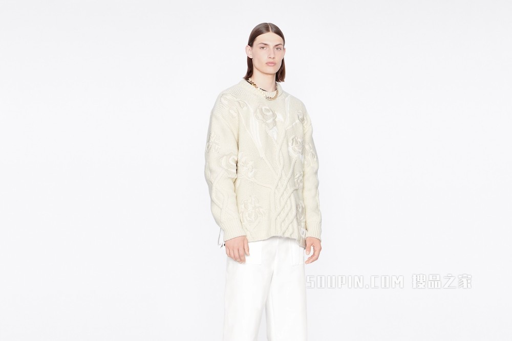 DIOR AND SACAI 超大版型针织衫 奶油白色羊毛和羊绒混纺针织面料