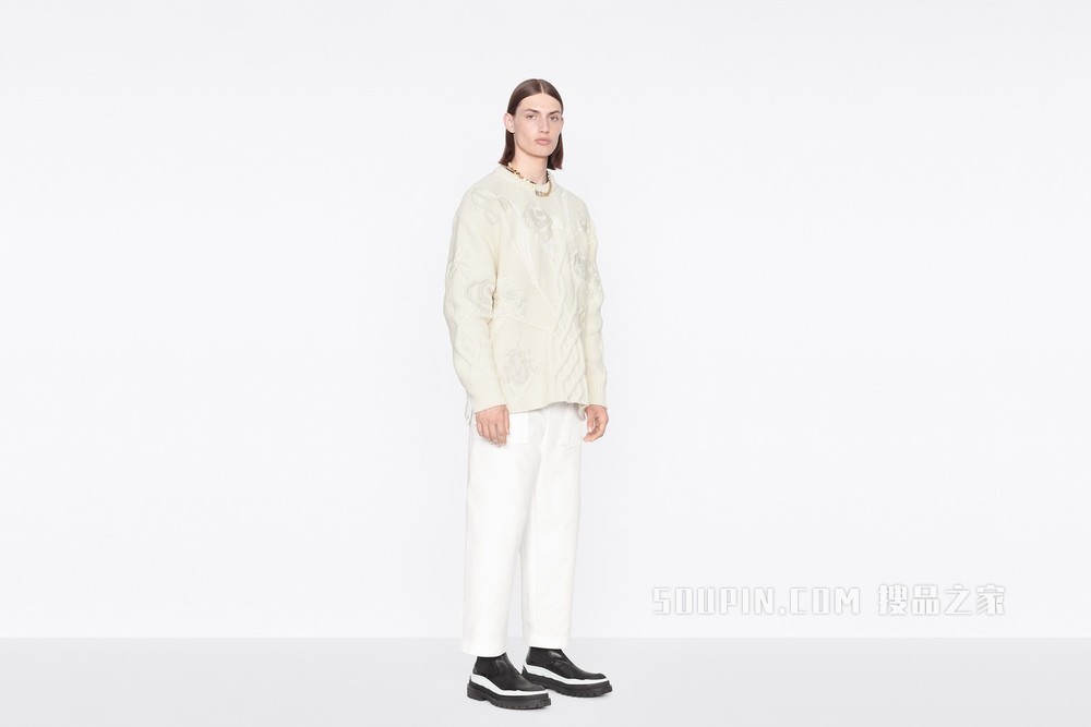 DIOR AND SACAI 超大版型针织衫 奶油白色羊毛和羊绒混纺针织面料