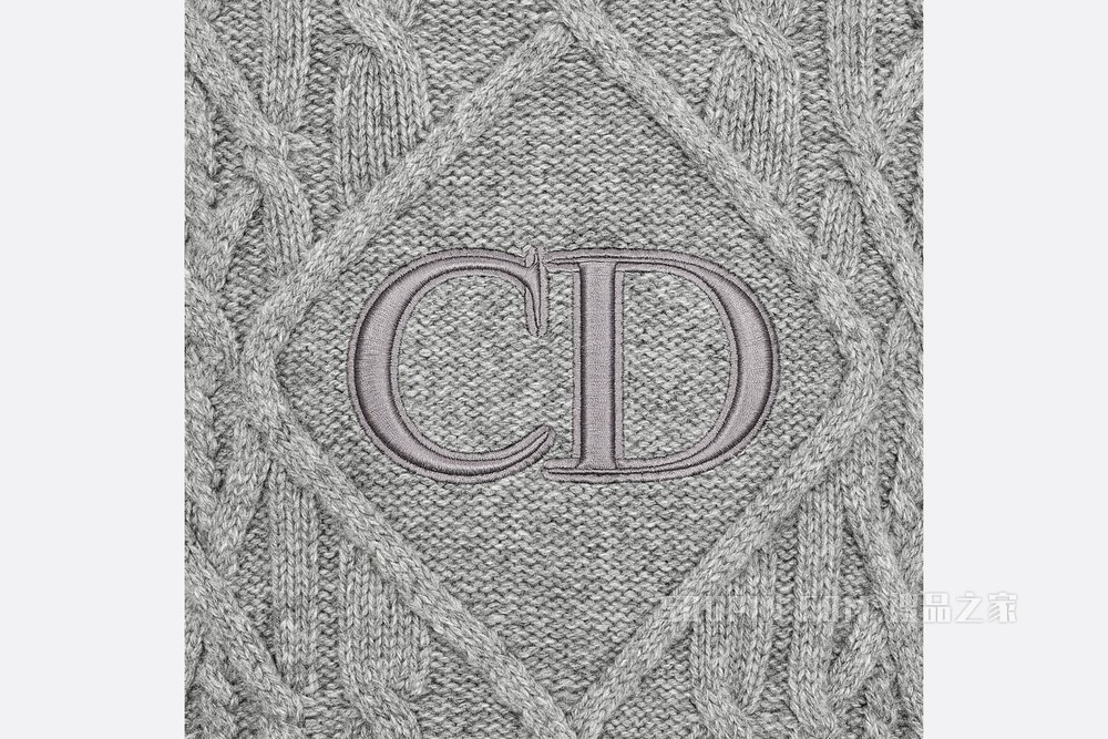 立领针织衫 灰色羊绒绞花针织“CD”标志
