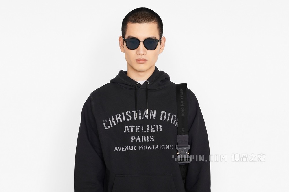 超大版型连帽运动衫 黑色棉质起绒布“Christian Dior Atelier”标志