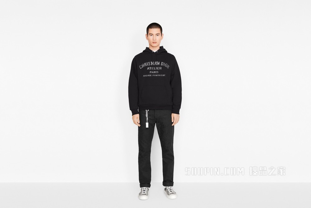 超大版型连帽运动衫 黑色棉质起绒布“Christian Dior Atelier”标志