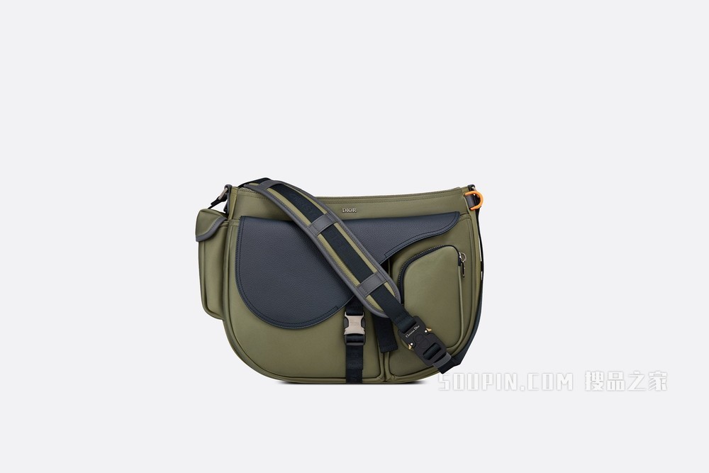DIOR AND SACAI Saddle Soft 手袋 橄榄色科技面料和海军蓝色粒面牛皮革