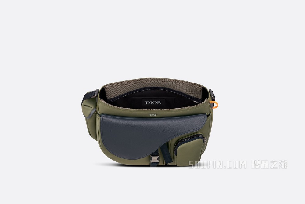 DIOR AND SACAI Saddle Soft 手袋 橄榄色科技面料和海军蓝色粒面牛皮革