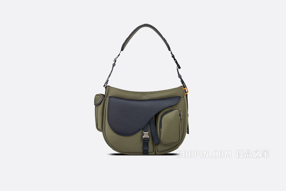 DIOR AND SACAI Saddle Soft 手袋 橄榄色科技面料和海军蓝色粒面牛皮革