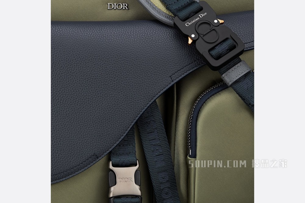 DIOR AND SACAI Saddle Soft 手袋 橄榄色科技面料和海军蓝色粒面牛皮革