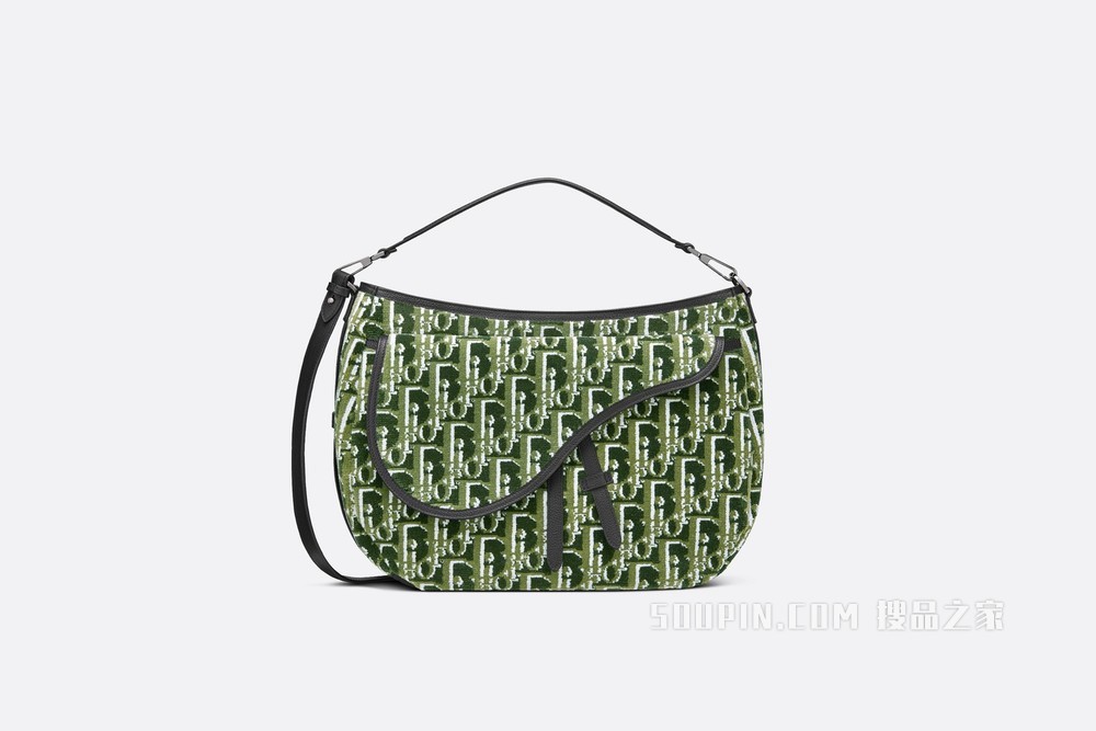 Saddle Soft 手袋 橄榄色 Oblique Tapestry 印花和黑色粒面牛皮革