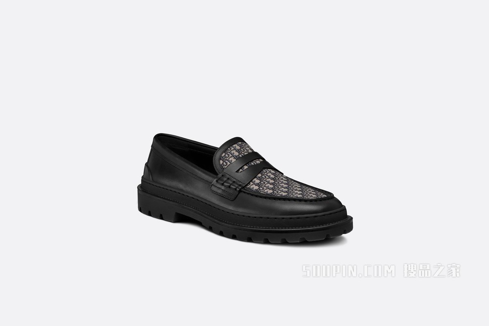 Dior Explorer 乐福鞋 黑色光滑牛皮革米色和黑色 Oblique 印花