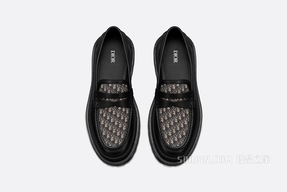 Dior Explorer 乐福鞋 黑色光滑牛皮革米色和黑色 Oblique 印花
