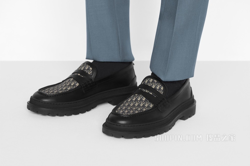 Dior Explorer 乐福鞋 黑色光滑牛皮革米色和黑色 Oblique 印花