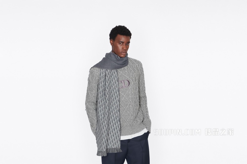 围巾 灰色和白色羊毛 Oblique 印花