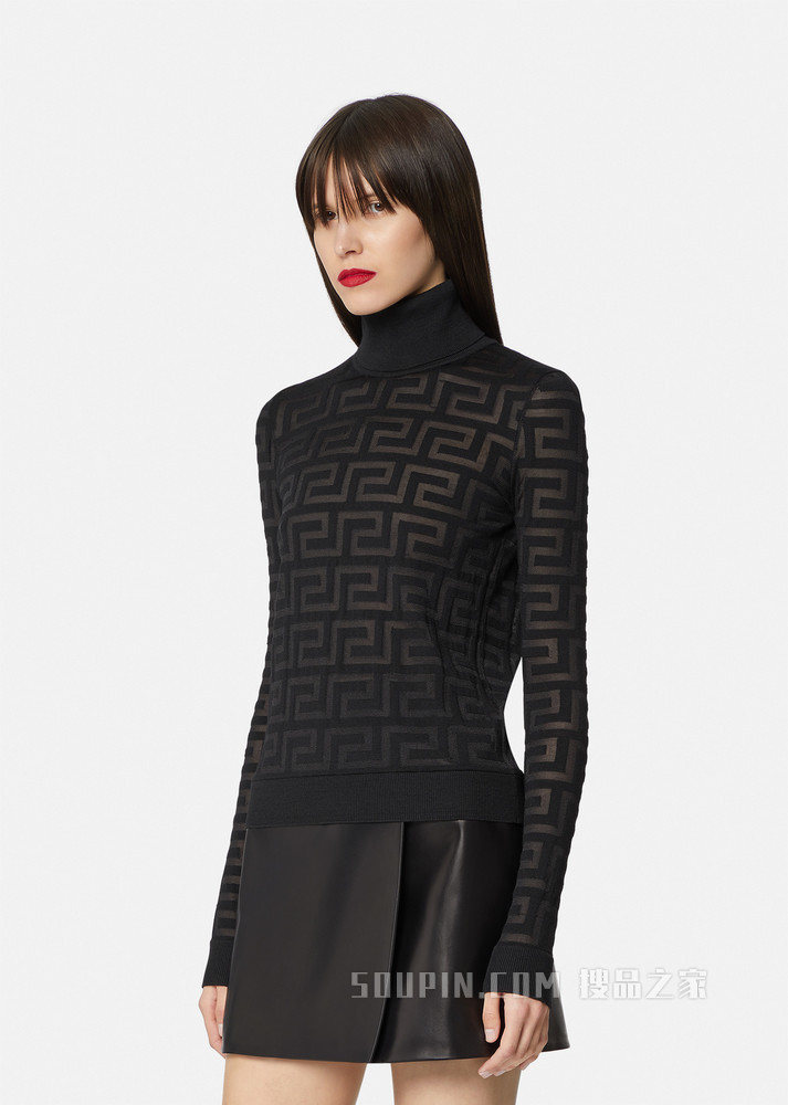 希腊回纹嵌花高领针织衫