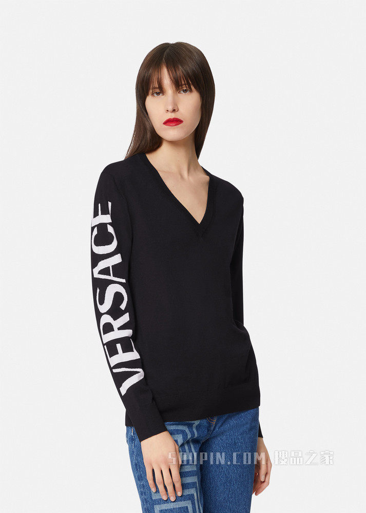 Logo V领针织衫